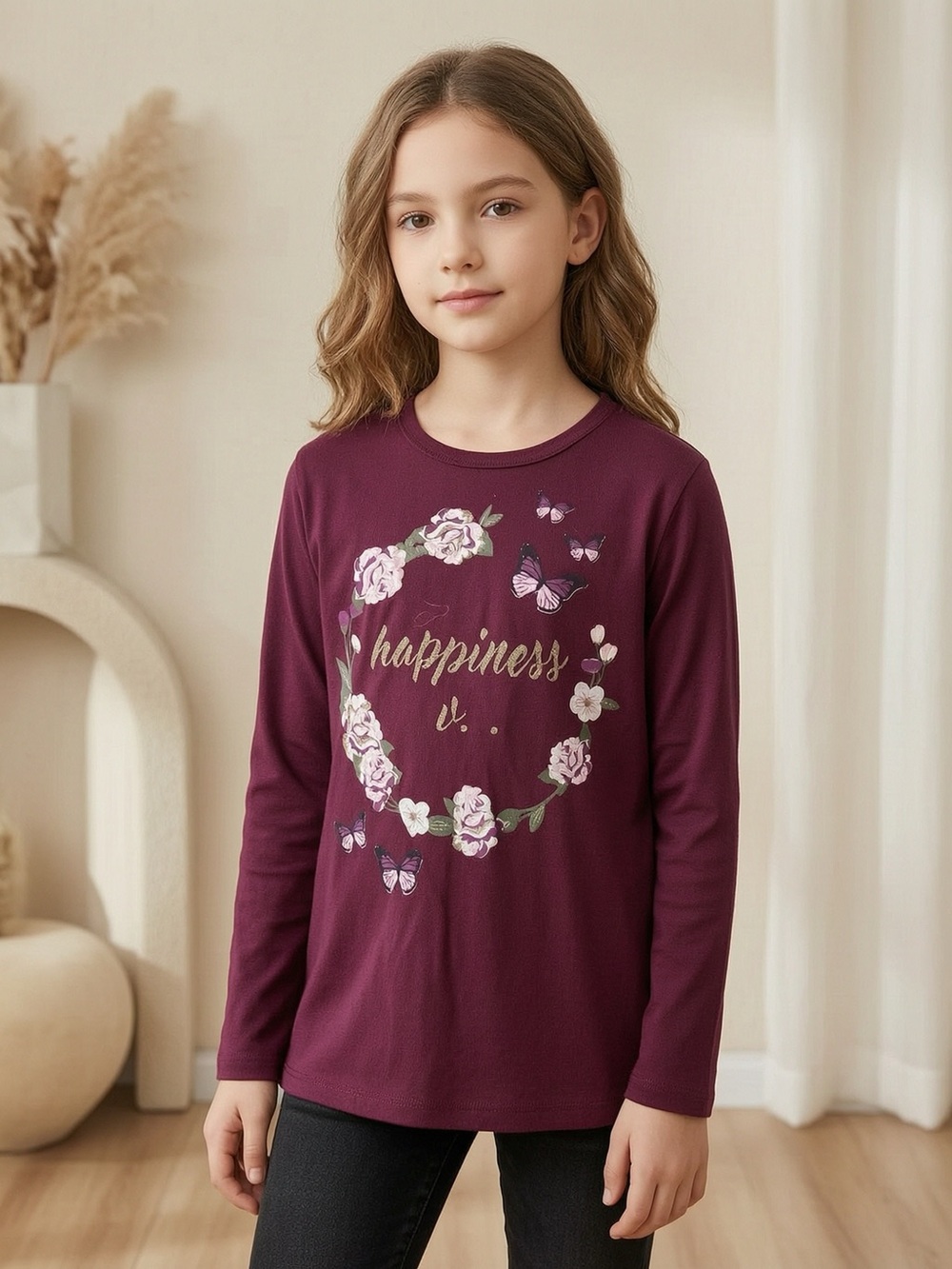 Faded Glory Long-Sleeve Floral 'Happiness' Tee - Plum